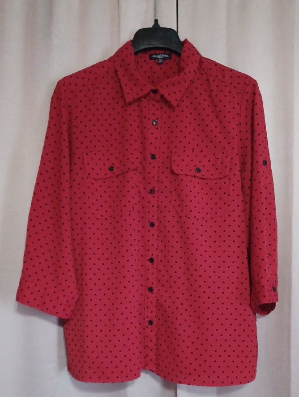 Notations Petite Red Button Front Blouse Black Polka Dots 3/4 Roll-Tab Sleeves
